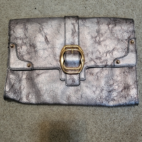 Jessica Simpson Metallic Grey Gold Big Clutch - Picture 1 of 7
